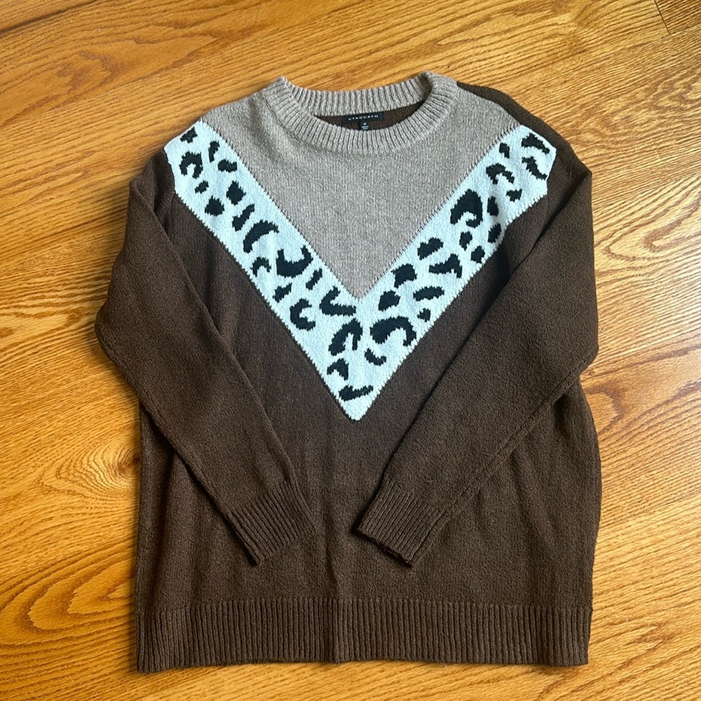 Staccato: brown, tan and leopard print sweater, 100% polyester - women’s size M